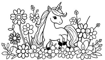 Zwart-wit lijntekening van een vriendelijke eenhoorn met een spiraalvormige hoorn, omringd door diverse bloemen en blaadjes. De hoeven van de eenhoorn zijn zwart gekleurd.