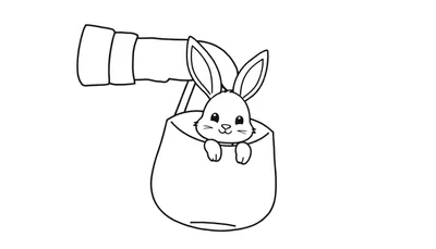 Kleurplaat van een schattig konijntje dat nieuwsgierig uit een tas kijkt. Het konijn heeft grote oren, kraaloogjes, een neusje en een lachende mond. Een hand met een mouw houdt de tas vast.