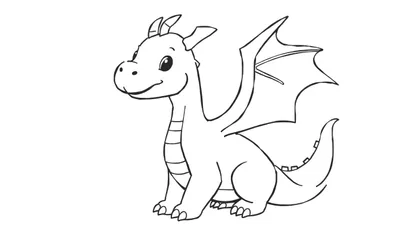 Lijntekening van een schattige, vriendelijke draak die naar links kijkt, met grote ogen, hoorns, vleugels en stekels op zijn staart.