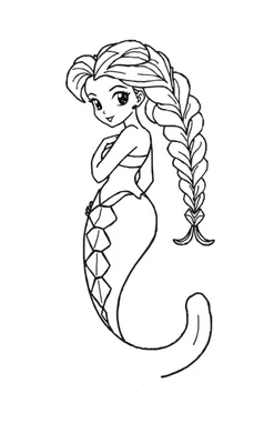 Kleurplaat van een anime-stijl zeemeermin/zeepaardje-vrouw met grote ogen, een vlecht en een golvende staart met schubbenpatroon.