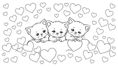 Kleurplaat met drie lieve kittens die met hun poten op een rand leunen, omringd door zwevende hartjes.
