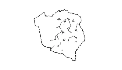 Lijntekening van een schematische kaart met driehoekige bergen, kronkelende rivieren en cirkels die steden voorstellen.
