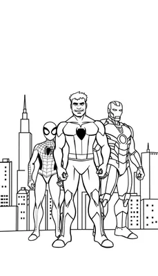 Zwart-wit lijntekening van Spider-Man, Captain America en Iron Man voor een stadsskyline, klaar om ingekleurd te worden.
