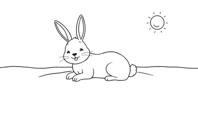 Lachend konijn met lange oren, steekt tong uit, met pluizig staartje, zittend op de grond. Lachende zon op de achtergrond. Lijntekening voor kleurplaat.