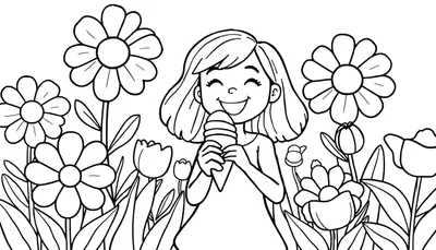 Zwart-wit kleurplaat van een blij meisje met kort haar, een brede lach en gesloten ogen, die een ijshoorntje vasthoudt. Ze staat midden in een veld vol bloemen, zoals madeliefjes en tulpen, en bladeren.