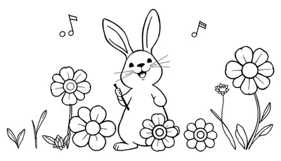 Zwart-witte tekening van een lachend konijn met lange oren die een stokje vasthoudt in een veld met diverse bloemen en muzieknoten in de lucht.