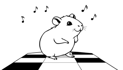 Kleurplaat van een glimlachende witte cartoon hamster die rechtop staat te dansen met muzieknoten om zijn hoofd, op een dambordvloer.