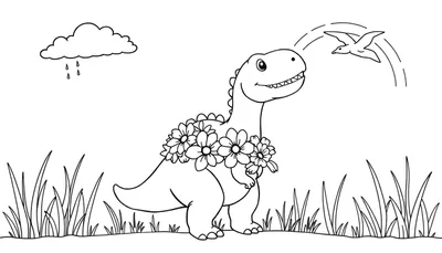 Een lachende dinosaurus draagt een bos bloemen als krans, een vogel vliegt boven hem met een stippellijn route, regen valt uit een wolk, en gras is te zien.