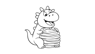 Zwart-wit tekening van een lachende dinosaurus die een stapel pannenkoeken vasthoudt.