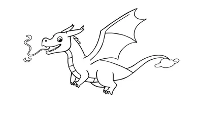 Zwart-wit lijntekening van een vrolijke draak met grote vleugels, klaar om ingekleurd te worden.