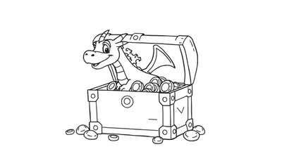 Zwart-wit lijntekening van een lachende draak met kleine vleugels en hoorntjes, zittend in een open schatkist gevuld met munten en goudstukken.