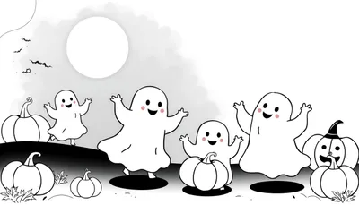 Cartoonachtige Halloween-kleurplaat met vijf witte, lachende spookjes die zwaaien, verschillende pompoenen (waarvan één met heksenhoed) en een grote, volle maan met wolken en vleermuizen.
