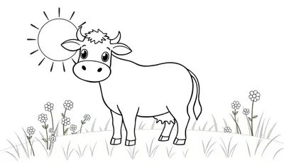 Cartoonachtige koe die in een weide staat onder de zon, met bloemen en gras. Zwart-wit kleurplaat.