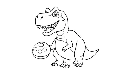 Kleurplaat van een lachende T-Rex die een bowlingbal vasthoudt met zijn linkerpoot.