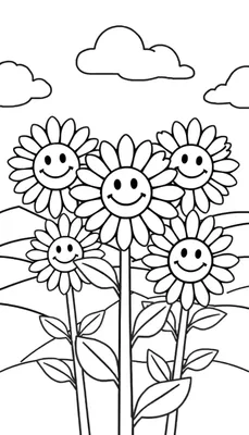 Zwart-wit kleurplaat van vijf lachende zonnebloemen met smiley gezichtjes, drie wolken op de achtergrond en heuvels onderaan.