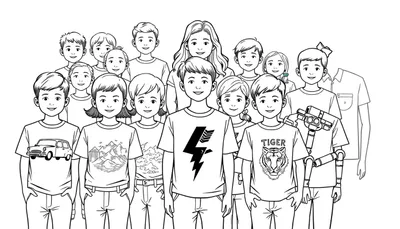 Zwart-wit kleurplaat met een grote groep lachende kinderen opgesteld in rijen, met een glimlachende volwassen vrouw op de achtergrond. Enkele kinderen dragen T-shirts met afbeeldingen van een auto, bergen, een logo en een tijgerkop. Een jongen heeft een robotarm. Op de achtergrond is de torso van ee