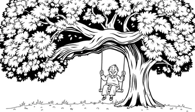 Kleurplaat met een zwart-wit tekening van een grote boom met een schommel. Een vrolijke man met een brede glimlach zit op de schommel en geniet van het buiten zijn.