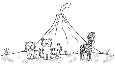 Kleurplaat van een grote vulkaan die rook uitstoot, met op de voorgrond een landschap met heuvels en gras. Links staan een volwassen tijger en een tijgerwelpje, rechts een zebra.
