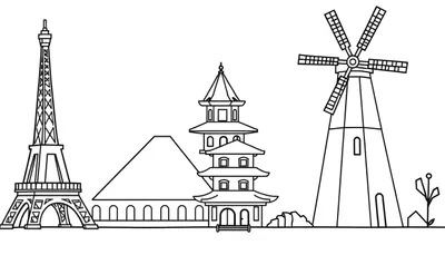 Zwart-wit kleurplaat met lijntekeningen van de Eiffeltoren, een pagode, een windmolen en andere herkenbare bouwwerken uit verschillende culturen.