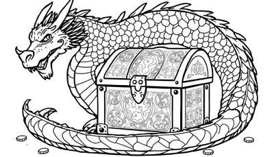 Zwart-wit lijntekening van een woeste draak met scherpe tanden en stekels, opgerold rond een gedecoreerde schatkist met munten op de grond.