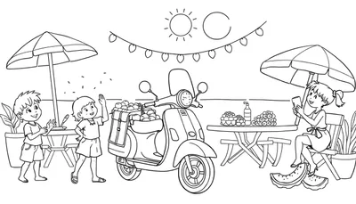Zwart-wit kleurplaat van een zomerse taferel met kinderen, een scooter vol fruit, parasols en tafels met fruit.
