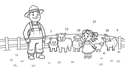 Kleurplaat van een boer en een meisje op een grasveld met boerderijdieren, cijfers geven aan dat het een kleuren op nummer is.