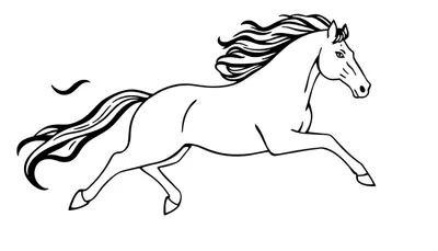 Zwart-wit omtrek tekening van een paard in volle galop, met manen en staart wapperend in de wind.