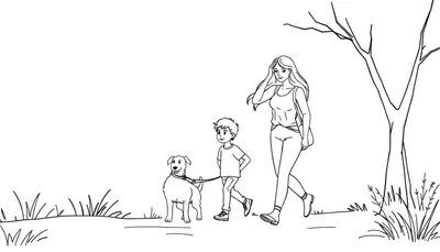 Zwart-wit lijntekening van een jongen die een hond aan de lijn houdt, naast een vrouw met lang haar. Ze wandelen in een park met een kale boom op de achtergrond.
