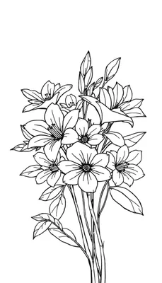 Zwart-wit tekening van een boeket met diverse bloemen, bloemblaadjes, bloemhartjes, meeldraden, gesloten bloemknoppen, bladeren en stelen. De achtergrond is effen wit.