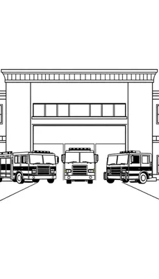 Zwart-wit lijntekening van een brandweerkazerne met drie brandweerwagens op de voorgrond.