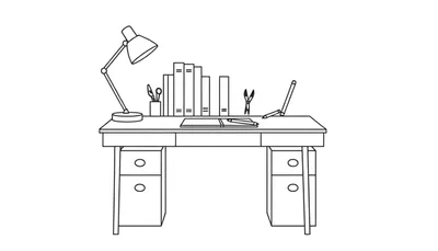 Een zwart-wit lijntekening van een bureau met diverse kantoorspullen, waaronder een lamp, pennenbakje, mappen, boek en laptop.