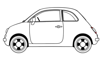 Gestileerde lijntekening van een compacte auto, zijaanzicht, klaar om ingekleurd te worden.