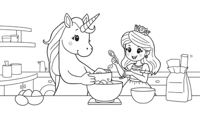 Zwart-wit tekening van een eenhoorn en een meisje dat samen in een keuken aan het bakken zijn, omringd door bakbenodigdheden.
