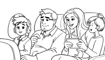 Zwart-wit tekening van een glimlachende familie die naast elkaar zit in stoelen. De familie bestaat uit een jongen met koptelefoon, een man met baardje en bril, een vrouw met een tablet en een meisje. Ze lijken op reis en genieten van hun tijd samen.