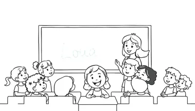 Zwart-wit tekening van een klaslokaal met een lachende juf die naar het schoolbord wijst, en vrolijke kinderen die aandachtig luisteren.