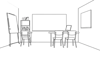Zwart-wit lijntekening van een klaslokaal met meubels: whiteboard, boekenkast, tafel, stoelen en computerscherm.