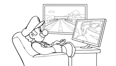 Zwart-wit lijntekening van het personage Luigi die gamet in een comfortabele stoel, met een grote televisie en een tweede monitor die racegames tonen.