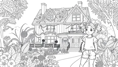 Zwart-wit lijntekening van een vrolijk meisje met staartjes en strikjes, handen in haar zakken, kijkend naar de kijker. Achter haar staat een charmant huis met puntige daken en klimplanten. De tuin is vol met bloemen, planten en bomen. Een pad leidt naar de voordeur.