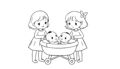 Kleurplaat van twee meisjes die naar twee glimlachende baby's kijken in een kinderwagen.