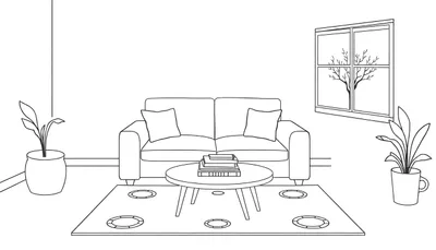 Lijntekening van een moderne woonkamer met bank, salontafel, vloerkleed, planten en een raam. Geschikt om in te kleuren.