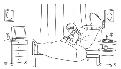 Zwart-wit lijntekening van een jonge vrouw die rechtop in een ziekenhuisbed zit, met een baby tegen haar borst. Een nachtkastje met medische apparatuur en een computer staan aan de zijkant. Gordijnen op de achtergrond.