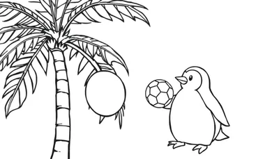 Kleurplaat van een pinguïn die een voetbal vasthoudt, naast een palmboom.