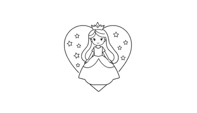 Kleurplaat van een schattige prinses met kroon en lange jurk, zittend in een groot hart vol kleine sterren. Zwart-wit lijntekening.