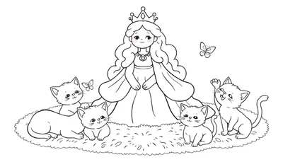 Een prinses met gevouwen handen en een vriendelijke glimlach, zittend omringd door vijf schattige kittens en twee vlinders. De kittens liggen en zitten op een grasachtige ondergrond, met één kitten dat naar een vlinder kijkt en een ander dat speels zijn pootje omhoog steekt.