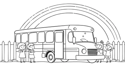 Zwart-wit lijntekening van een schoolbus met vier lachende kinderen, een regenboog en een hekje op de voorgrond.