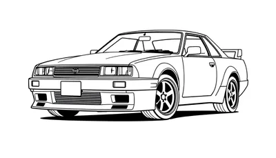 Zwart-wit lijntekening van een klassieke sportauto vanuit driekwart vooraanzicht, met brede spatbordverbreders, sportieve velgen en een iconisch ontwerp.