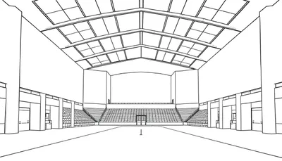 Schematische zwart-wit lijntekening van een grote, lege sportzaal met hoge tribunes, een complex plafond en een podium aan het einde.