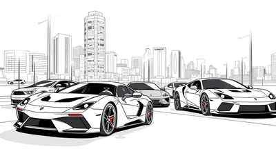 Zwart-wit lijntekening van een stadsgezicht met luxe sportwagens op de voorgrond en een moderne skyline op de achtergrond. De auto's hebben rode remklauwen en gele logo's.