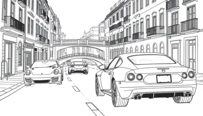 Zwart-wit lijntekening van een stedelijke straat met drie auto's, hoge gebouwen met balkons, geplaveide straat met markeringen en een grote brug met bogen op de achtergrond.
