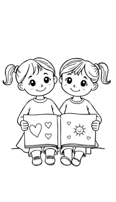Zwart-wit lijntekening van twee lachende jonge meisjes die samen een open boek vasthouden. Op het boek staan harten en een zon getekend.